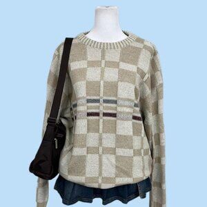 beige checkered vintage knit Crewneck sweater quirky indie grandpa